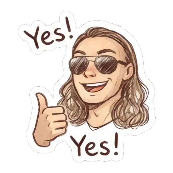 Man giving a thumbs up with a smile, text 'Yes!' Cool Long-Haired Guy Vibes sticker for expressive chats and social replies.