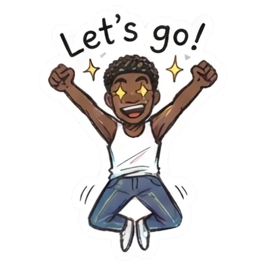 Excited young man jumping with arms raised and star eyes with text Let's go Doodle Boy Expressions sticker for expressive chats and social replies.