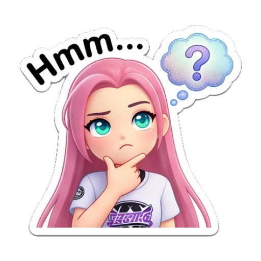 Pink-haired girl thinking with a question mark bubble and text Hmm... Pinky Pop Adventures sticker for expressive chats and social replies.