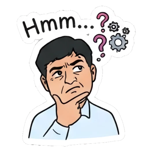 Man thinking with question marks and 'Hmm...' text Office Guy Daily Vibes sticker for expressive chats and social replies.