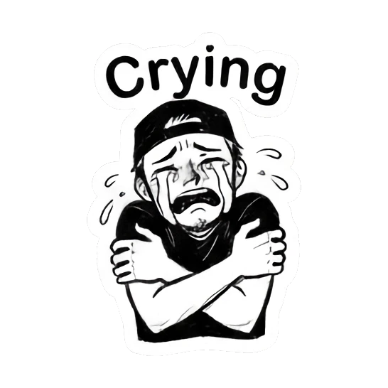 Sad man crying while hugging himself Cool Guy Doodle Daily sticker for expressive chats and social replies.