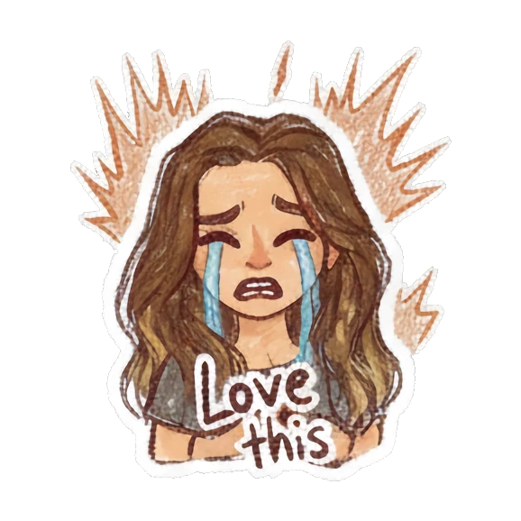 Sad girl crying with text Love this Curly Haired Girl Daily Vibes sticker for expressive chats and social replies.