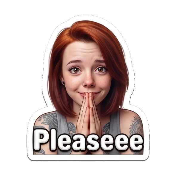 Red-haired girl pressing palms together in a pleading pose. Red-Haired Girl Expressions sticker for expressive chats and social replies.