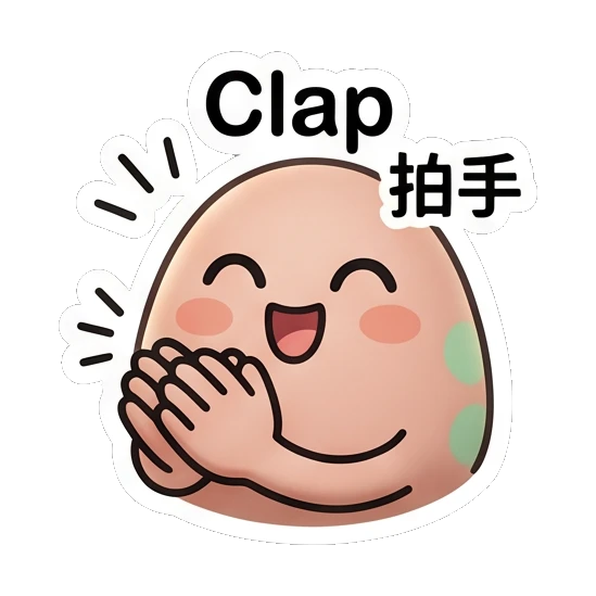 Cheerful egg character clapping hands with 'Clap' text. Little Egg Moods sticker for expressive chats and social replies.