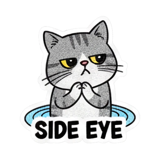 Grey cat giving a judgmental side eye with text SIDE EYE Grumpy Grey Cat Daily Moods sticker for expressive chats and social replies.