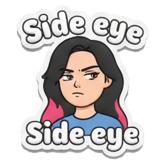 Girl giving a side-eye glance, text Side eye Puffy Girl Daily Vibes sticker for expressive chats and social replies.
