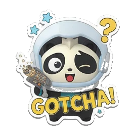 Panda in space suit holding a ray gun with 'GOTCHA!' text. Cosmic Panda Adventures sticker for expressive chats and social replies.