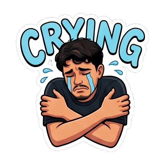 Sad young man hugging himself crying with 'CRYING' text. Cool Guy Daily Vibes sticker for expressive chats and social replies.