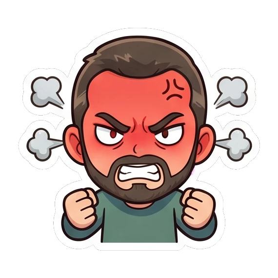 Bearded man extremely angry with red face Cheerful Bearded Guy sticker for expressive chats and social replies.