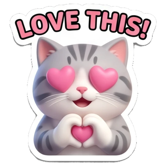 Loving tabby cat making a heart shape with hands and text LOVE THIS! Cheerful Tabby Cat Daily sticker for expressive chats and social replies.