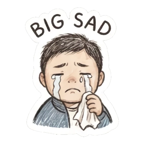 Sad boy crying with a tissue and text BIG SAD. Little Boy Doodle Expressions sticker for expressive chats and social replies.