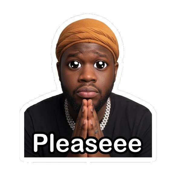 Man in durag with hands together pleading, hopeful, text Pleaseee Daily Vibes with Durag Guy sticker for expressive chats and social replies.
