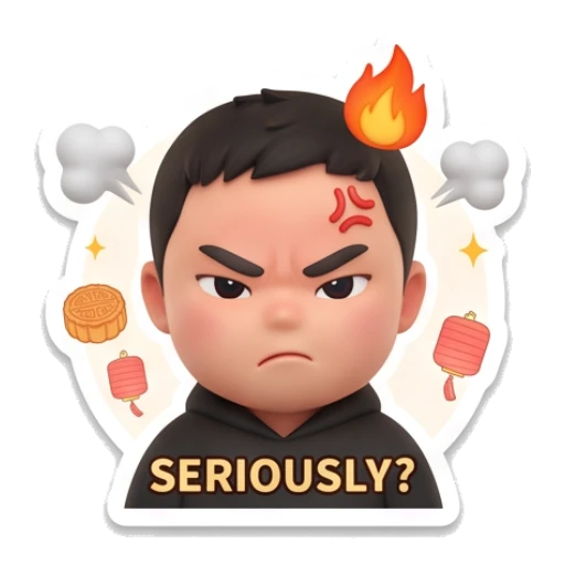 Boy looking angry with fire above head with text SERIOUSLY Mid-Autumn Boy Expressions sticker for expressive chats and social replies.