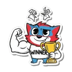 Gamer cat flexing muscles with a trophy and text WINNER Gamer Cat Adventures sticker for expressive chats and social replies.