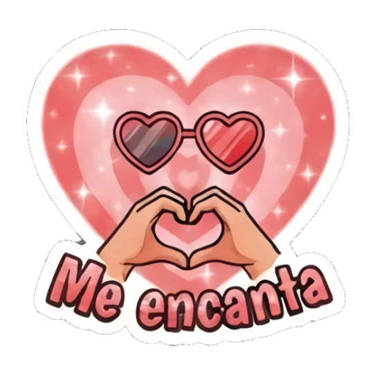 Hands forming a heart shape with heart-shaped glasses, text Me encanta Bald Guy Daily Vibes sticker for expressive chats and social replies.
