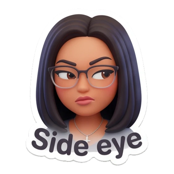 Girl giving a skeptical side eye with text Side eye Modern Girl Daily Vibes sticker for expressive chats and social replies.