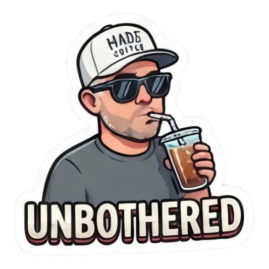 Man wearing sunglasses and drinking iced coffee with text UNBOTHERED Coffee Shop Guy Daily Vibes sticker for expressive chats and social replies.