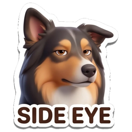 Border Collie giving a suspicious side-eye look, text SIDE EYE Cheerful Border Collie Expressions sticker for expressive chats and social replies.