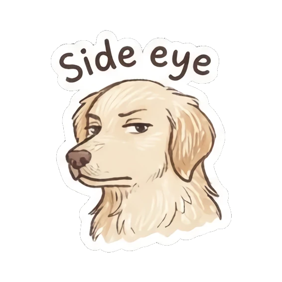Skeptical golden retriever looking sideways, text Side eye Golden Doodle Daily Vibes sticker for expressive chats and social replies.