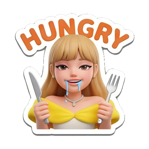 Blonde girl holding fork and knife, drooling, hungry expression. Golden Girl Daily Vibes sticker for expressive chats and social replies.