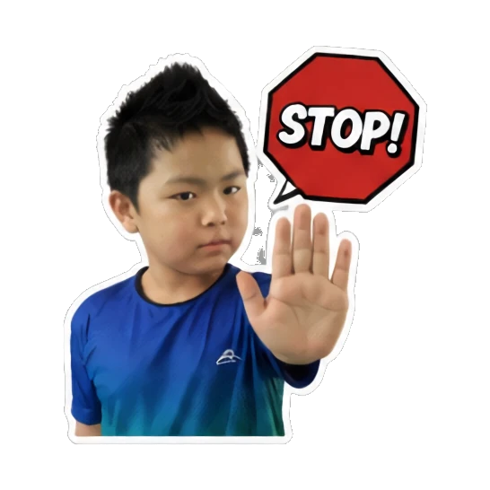 Young boy holding hand up in stop gesture with 'STOP!' text Energetic Boy Daily Expressions sticker for expressive chats and social replies.