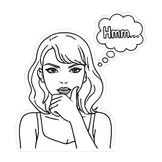 Girl thinking with a speech bubble and text Hmm... Pop Art Girl Expressions sticker for expressive chats and social replies.
