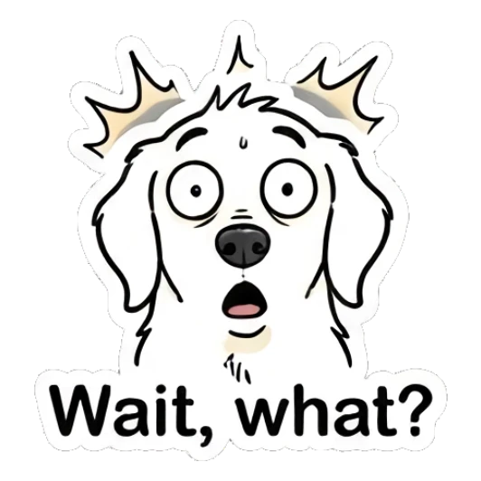 Shocked golden retriever with lines above head and text 'Wait, what?' Golden Retriever Daily Vibes sticker for expressive chats and social replies.