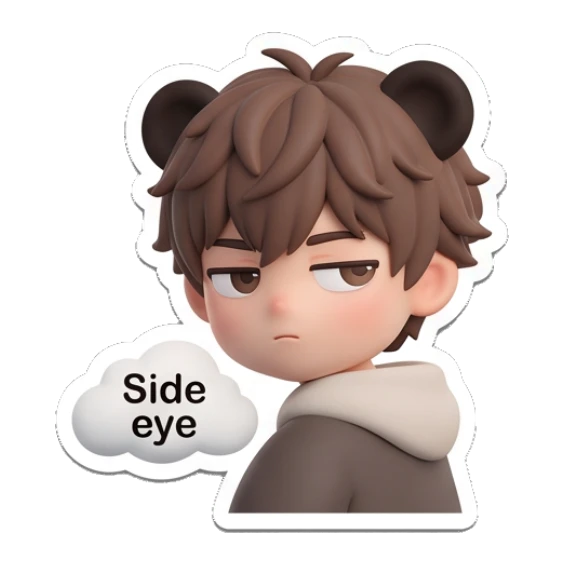 Suspicious boy with bear ears giving side eye with text Side eye. Brown Bear Boy Daily sticker for expressive chats and social replies.