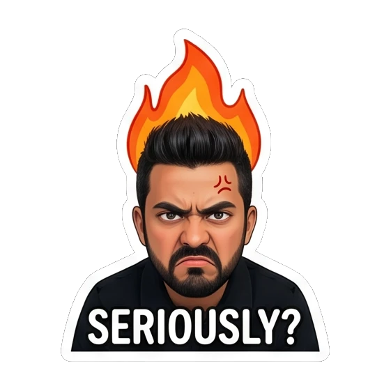 Man angry with fire on head, text SERIOUSLY Modern Man Daily Vibes sticker for expressive chats and social replies.