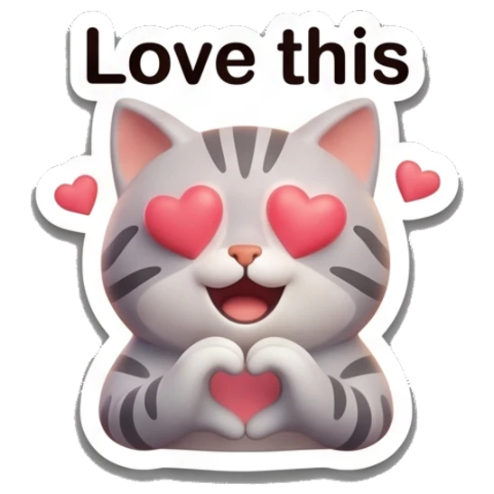 Loving gray tabby cat with heart eyes and heart hands with text 'Love this' Cheerful Gray Tabby Cat sticker for expressive chats and social replies.