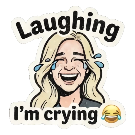 Laughing blonde girl with tears of joy streaming down her face. Retro Blonde Comic Vibes sticker for expressive chats and social replies.