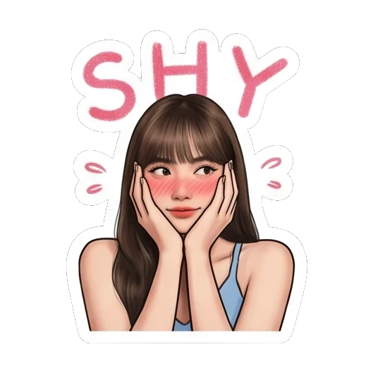 Young woman blushing with hands on cheeks and SHY text. Lisa Daily Vibes sticker for expressive chats and social replies.