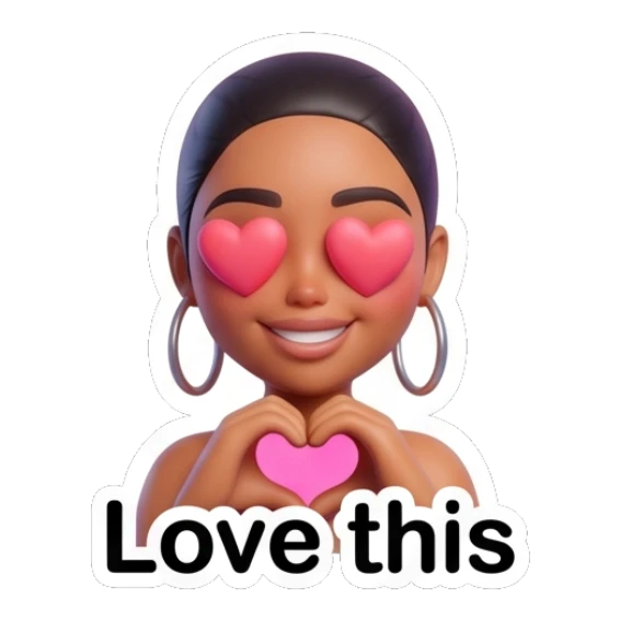 Loving girl making a heart shape with hands, heart eyes, text says Love this. Modern Chic Girl Expressions sticker for expressive chats and social replies.