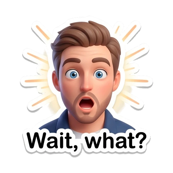 Young man looking shocked with wide eyes and 'Wait, what?' text. Modern Guy Daily Expressions sticker for expressive chats and social replies.