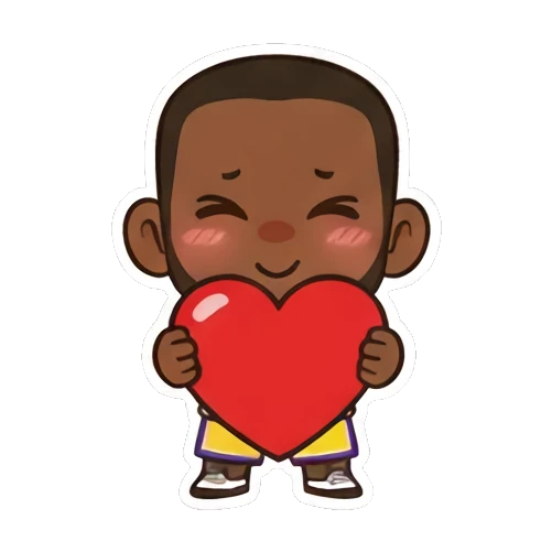 Chibi player holding a large red heart King of the Court sticker for expressive chats and social replies.