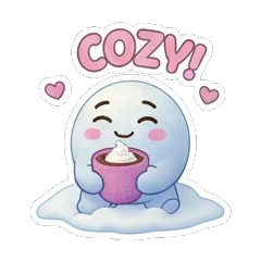 Snow creature holding a hot cocoa mug with COZY text. Snowy Buddy Adventures sticker for expressive chats and social replies.