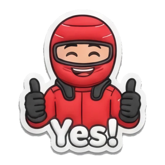 Racer giving double thumbs up with a big grin Red Racer Mascot sticker for expressive chats and social replies.