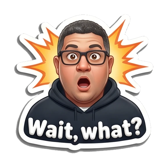 Man with glasses looking shocked with text Wait, what? Tech Guy Daily Vibes sticker for expressive chats and social replies.