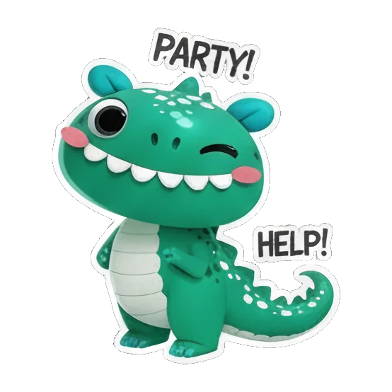 Dino looking confused with HELP text Cheerful Green Dino Adventures sticker for expressive chats and social replies.