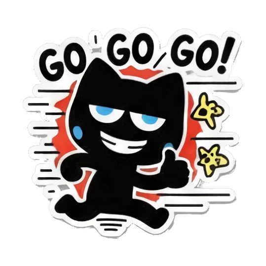 Black cat running fast with GO GO GO text, dynamic motion. Keith Haring Style Black Cat sticker for expressive chats and social replies.