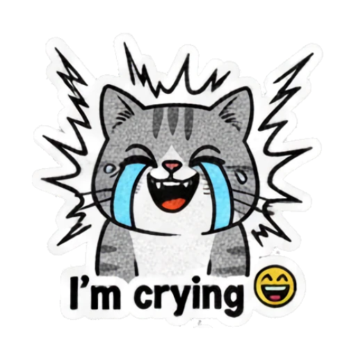 Grey cat laughing with tears and motion lines with text I'm crying Grumpy Grey Cat Daily Moods sticker for expressive chats and social replies.