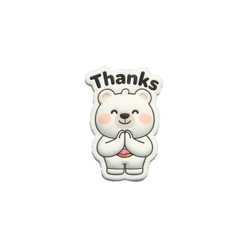 White bear with hands together in gratitude, holding a donut, text says Thanks. Puffy Donut Bear sticker for expressive chats and social replies.