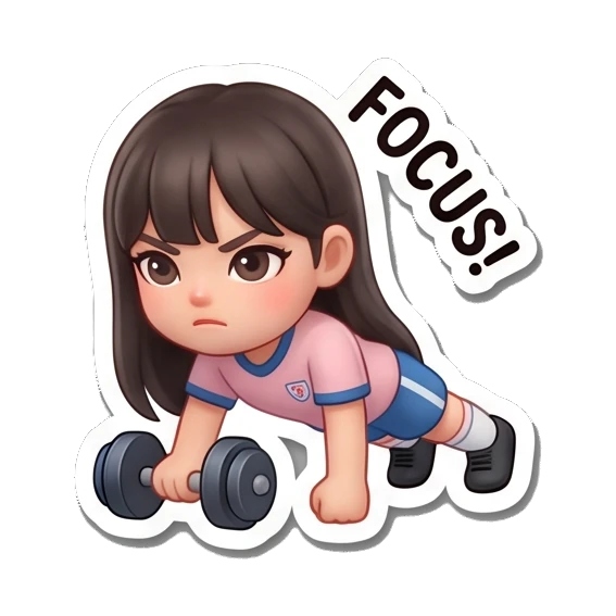 Girl doing push-ups with dumbbell and FOCUS text, determined expression Soccer Girl Daily Life sticker for expressive chats and social replies.