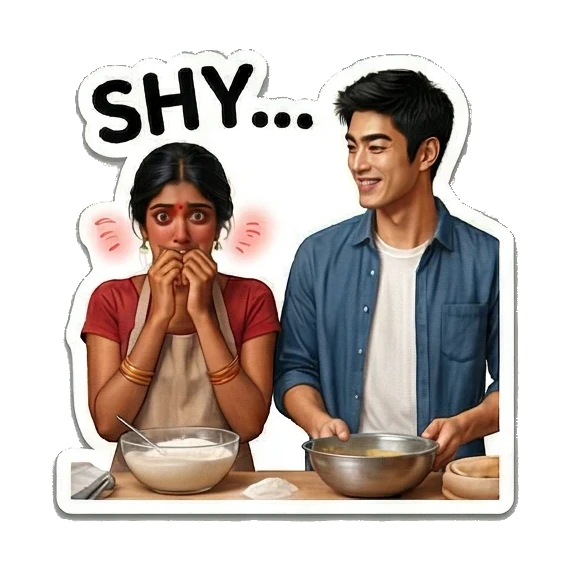 女生害羞捂脸男生微笑 Culinary Couple Moments sticker for expressive chats and social replies.