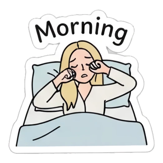 Blonde girl waking up in bed rubbing eyes with text Morning Blonde Girl Daily Vibes sticker for expressive chats and social replies.