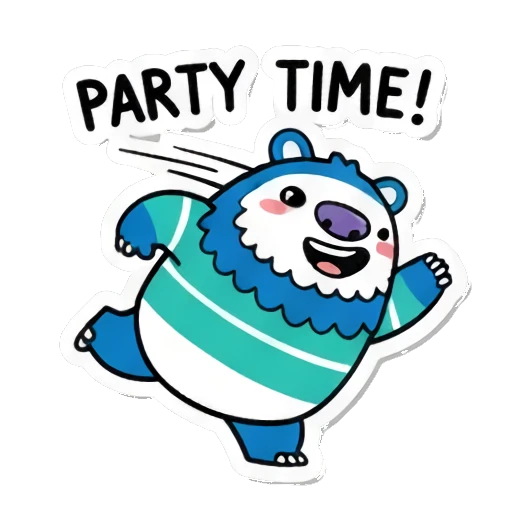 Dancing monster, 'PARTY TIME!' Fluffy Monster Moods sticker for expressive chats and social replies.