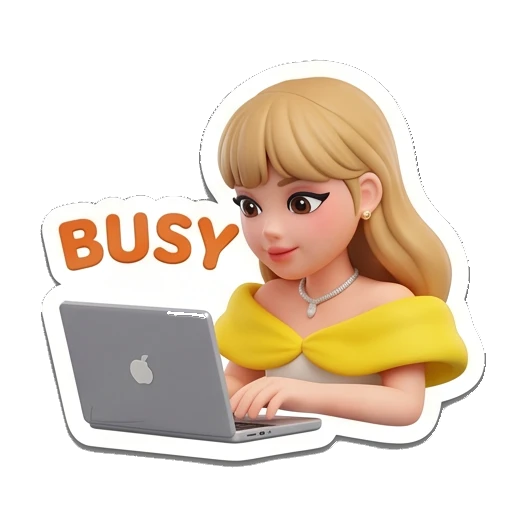 Blonde girl typing on laptop, busy expression. Golden Girl Daily Vibes sticker for expressive chats and social replies.