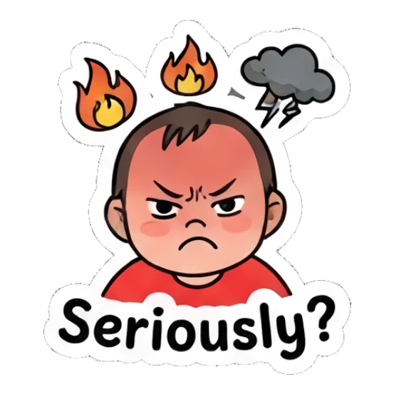 Angry baby with fire and storm clouds, text 'Seriously?' Little Spooky Moods sticker for expressive chats and social replies.