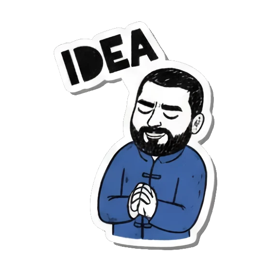 Man with idea, praying hands, "IDEA" Bearded Guy's Moods sticker for expressive chats and social replies.