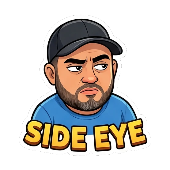 Bearded man giving a skeptical side-eye glance. Bearded Guy Daily Vibes sticker for expressive chats and social replies.